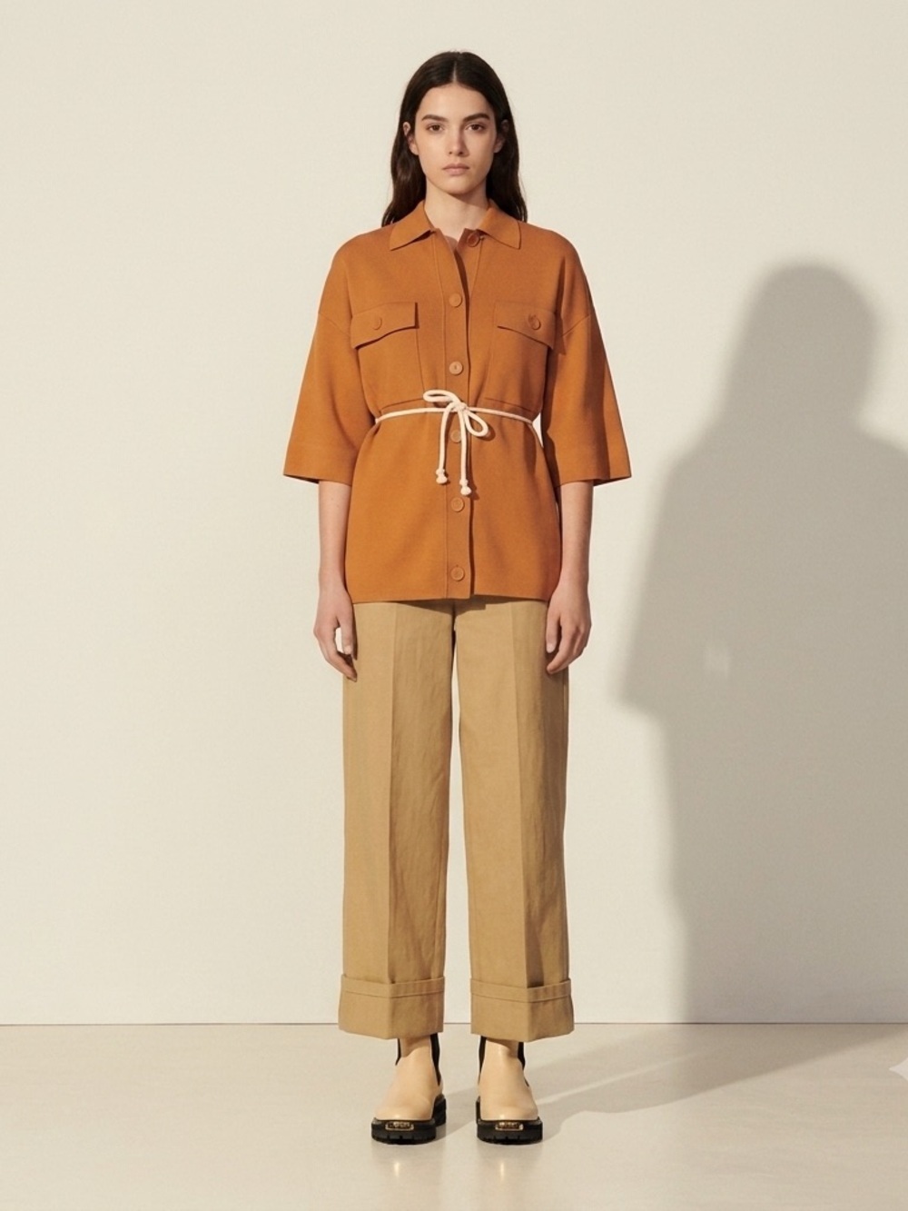 Sandro Rust Overshirt Short Sleeve Heavy Knit Oversized Cardigan M - Belt Loop